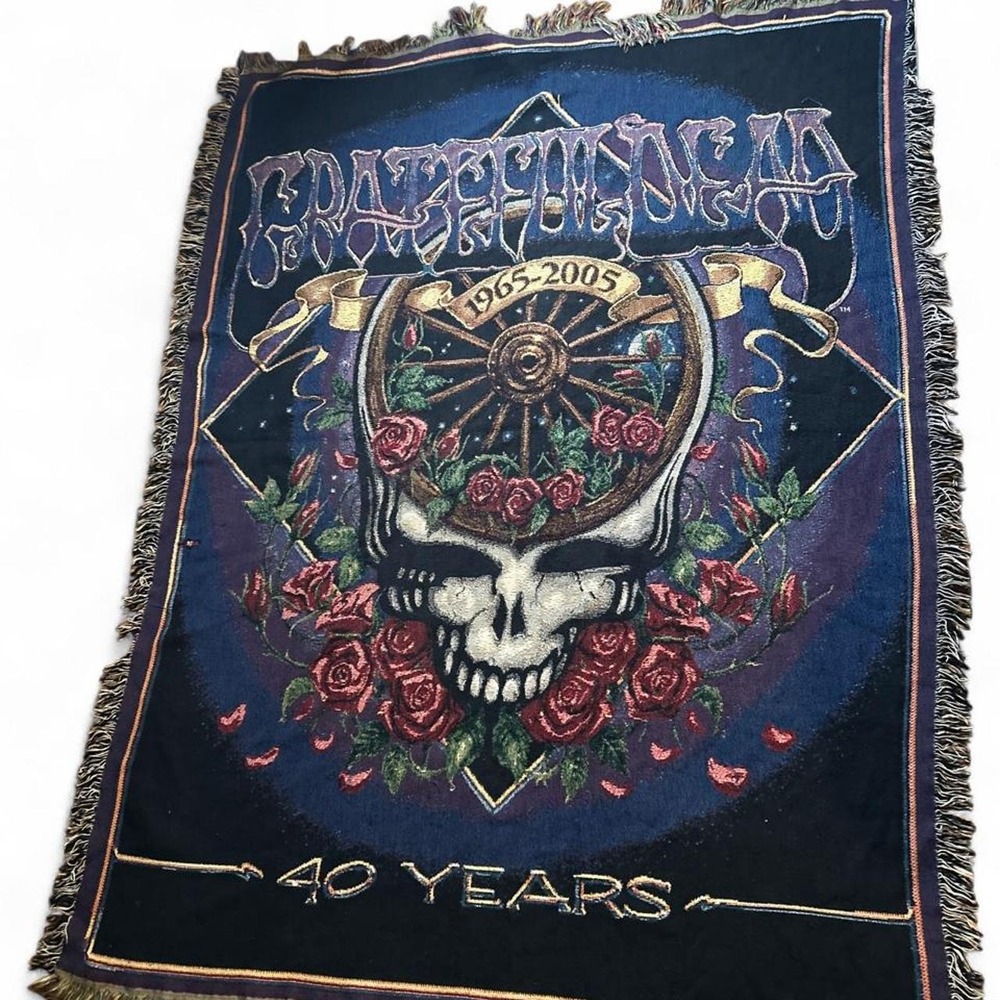 Vintage Deadhead Tapestry Blanket Y2K Grateful Dead Skull Roses Psychedelic 2004